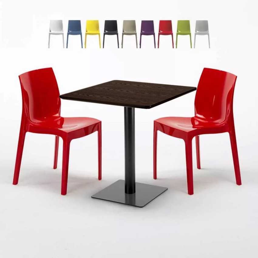 Vierkante Tafel 70x70 cm houteffect blad met 2 gekleurde stoelen Ice Melon Karakteristieken