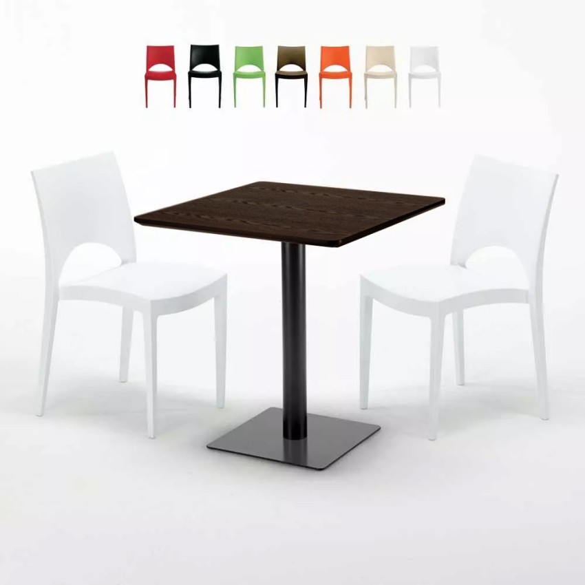 Vierkante Tafel 70x70 cm houteffect met 2 gekleurde stoelen Paris Melon Kortingen