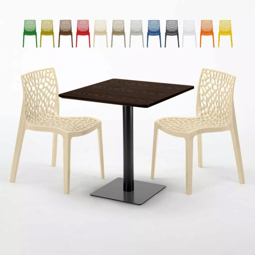 Vierkante tafel 70x70 cm houteffect met 2 gekleurde stoelen Gruvyer Melon Kortingen Vierkante tafel 70x70 cm houteffect met 2 gekleurde stoelen Gruvyer Melon Kortingen