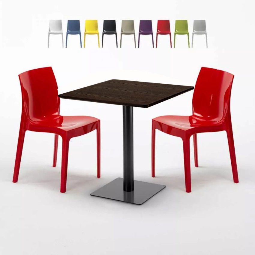 Vierkante tafel 60x60 cm houteffect blad met 2 gekleurde stoelen Ice Kiss Model Vierkante tafel 60x60 cm houteffect blad met 2 gekleurde stoelen Ice Kiss Model