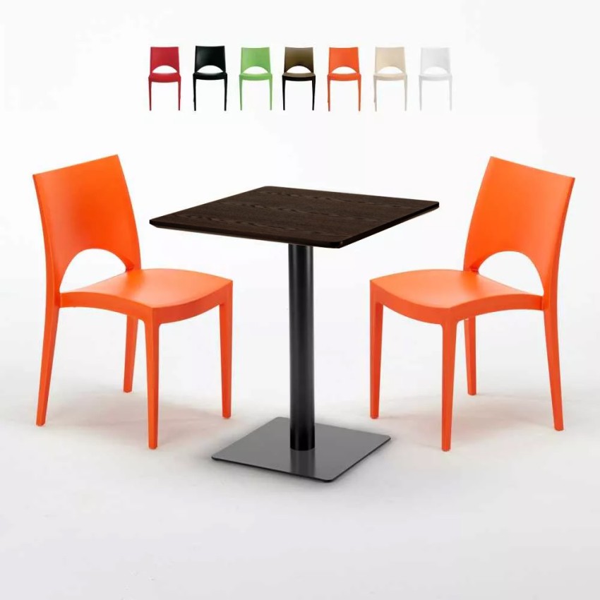 Vierkante tafel 60x60 cm met 2 gekleurde stoelen Paris Kiss Aanbieding Vierkante tafel 60x60 cm met 2 gekleurde stoelen Paris Kiss Aanbieding