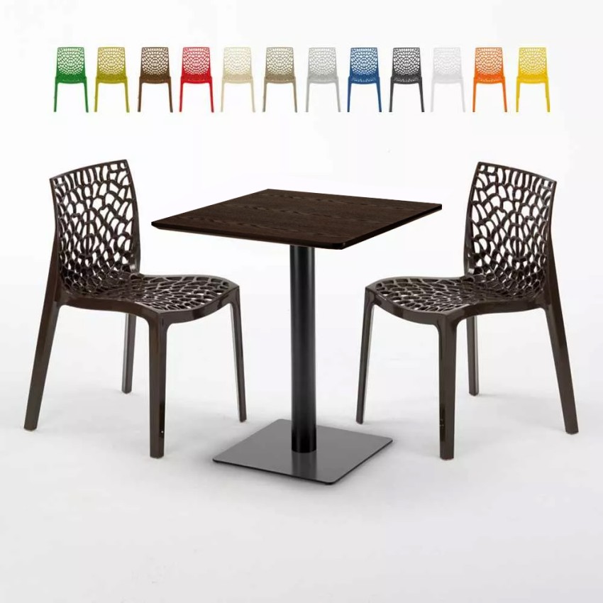 Vierkante tafel 60x60 cm zwart onderstel en houten blad met 2 gekleurde stoelen Gruvyer Kiss Model Vierkante tafel 60x60 cm zwart onderstel en houten blad met 2 gekleurde stoelen Gruvyer Kiss Model