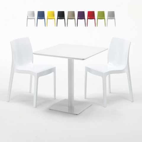 Vierkante salontafel wit 70x70 cm met stalen onderstel en 2 gekleurde stoelen Ice Meringue