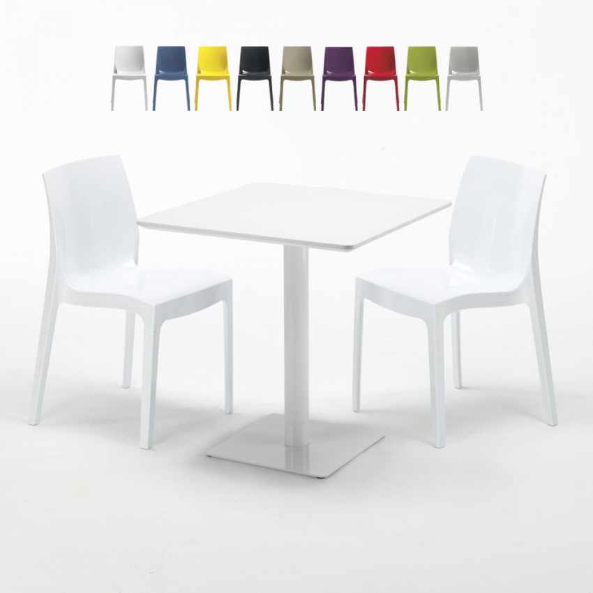 Vierkante salontafel wit 70x70 cm met stalen onderstel en 2 gekleurde stoelen Ice Meringue Aanbieding