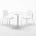 Vierkante salontafel wit 70x70 cm met stalen onderstel en 2 gekleurde stoelen Ice Meringue Afmetingen