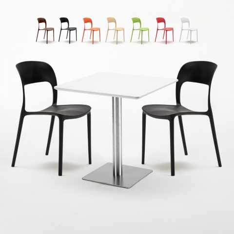 Vierkante salontafel wit 60x60 cm met stalen onderstel en 2 gekleurde stoelen Restaurant Strawberry