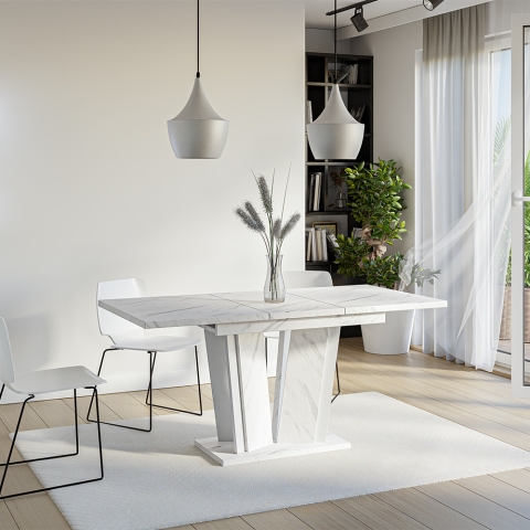 Uitschuifbare witte keukentafel met marmeren effect 120-160x80 cm Doha 2 Aanbieding