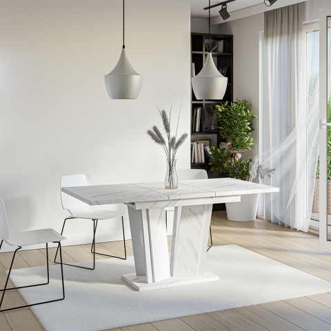 Uittrekbare witte keukentafel met marmeren effect 120-160x80cm Doha 2 Aanbieding