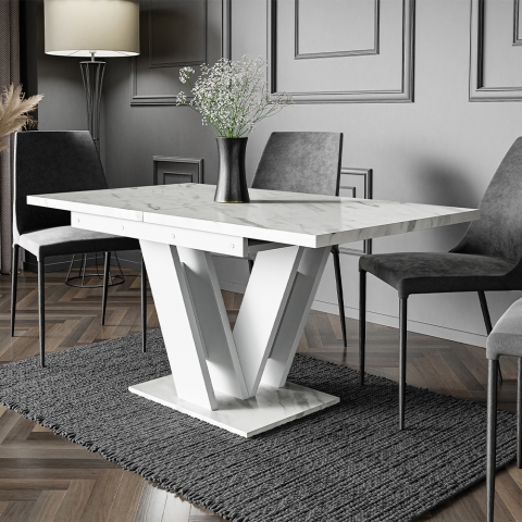 Moderne witte uitschuifbare tafel 120-160x80 cm met marmeren effect Masiv Aanbieding