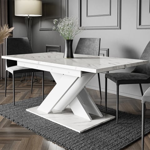 Witte marmeren effect uitschuifbare tafel 140-180cm moderne design Bronx Aanbieding