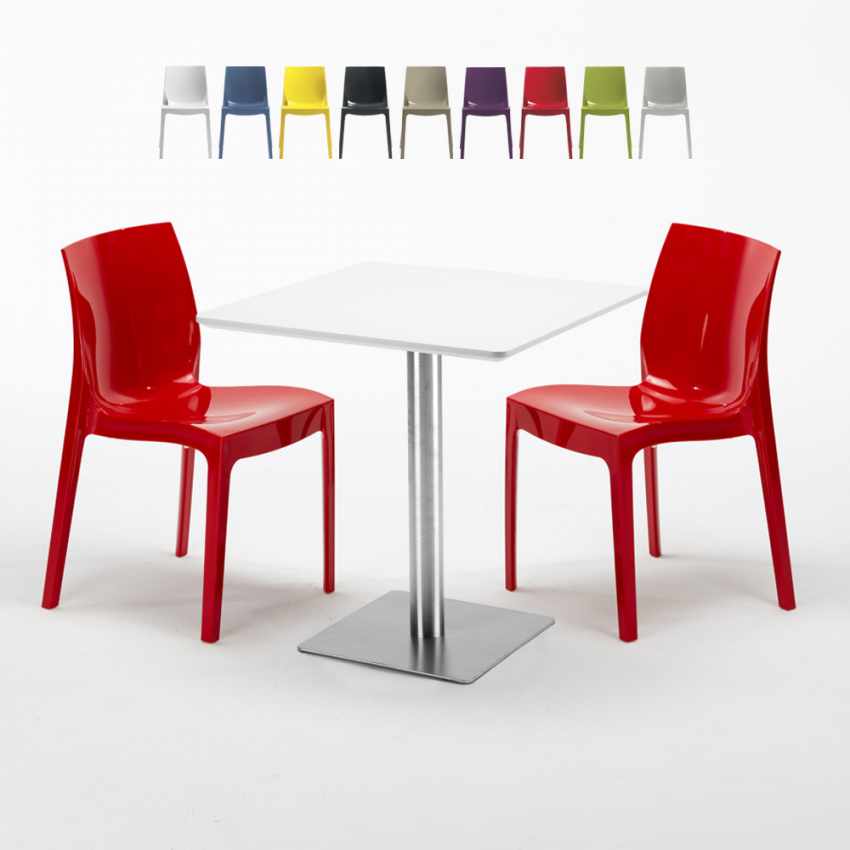 Vierkante salontafel wit 60x60 cm en 2 gekleurde stoelen Ice Strawberry Kortingen
