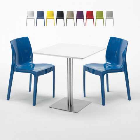 Vierkante salontafel wit 60x60 cm met stalen onderstel en 2 gekleurde stoelen Ice Strawberry