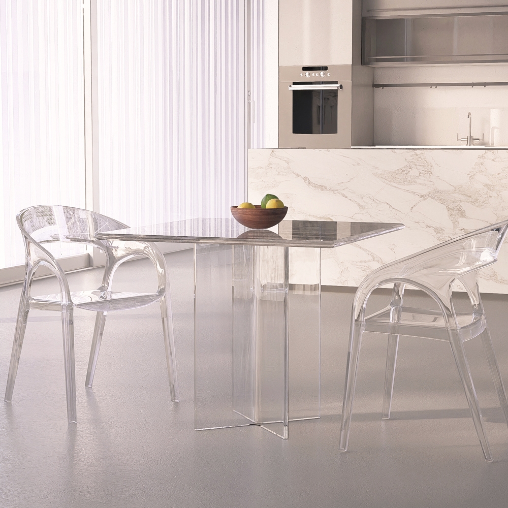 Vierkante transparante polycarbonaat eettafel 80x80 cm Holden