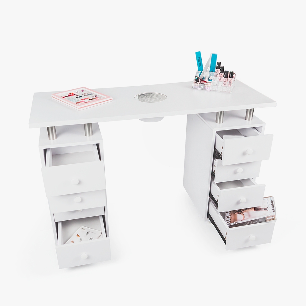 Witte manicuretafel met nagelzuiger, ladeblok en wielen Squoval Aanbieding Witte manicuretafel met nagelzuiger, ladeblok en wielen Squoval Aanbieding