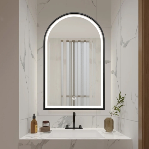 Badkamerspiegel met zwart frame, verlichting en anti-condens functie Flaska Aanbieding