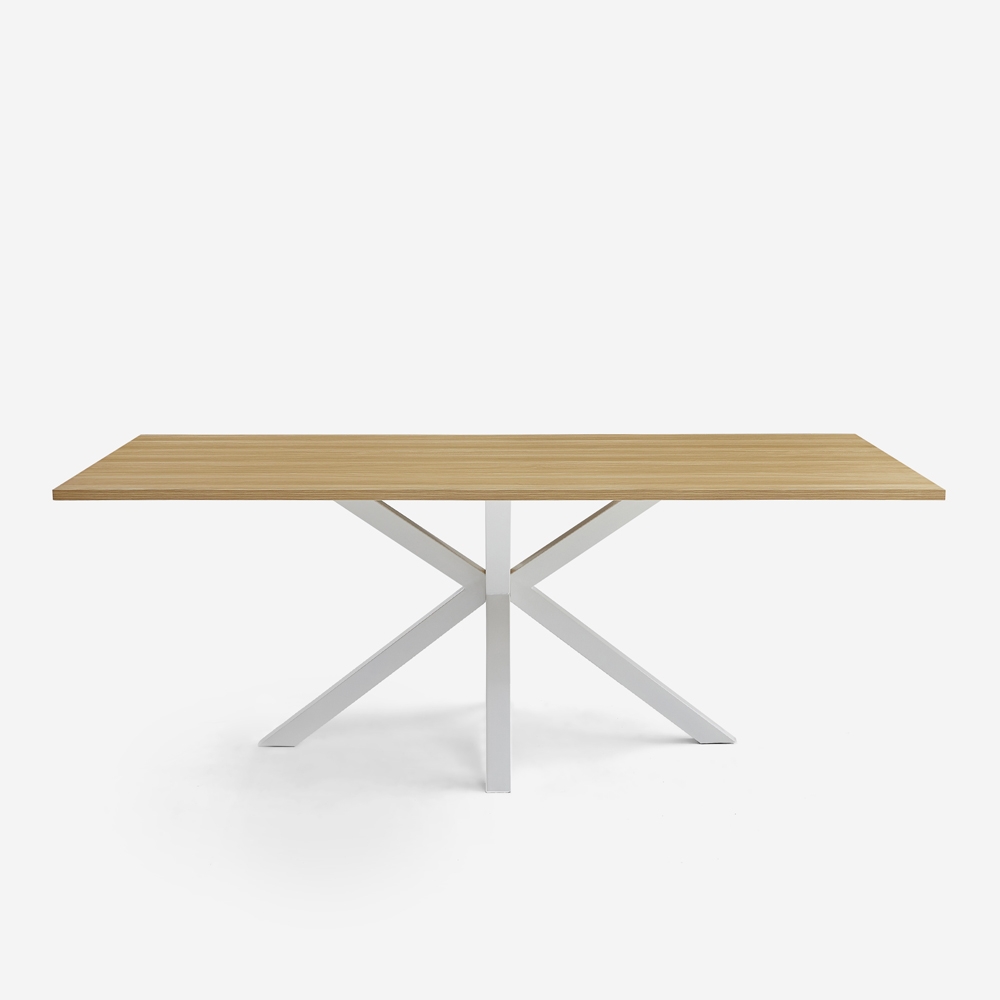 Eettafel van hout 200x100 cm met gekruiste witte poten Moyo Aanbieding Eettafel van hout 200x100 cm met gekruiste witte poten Moyo Aanbieding