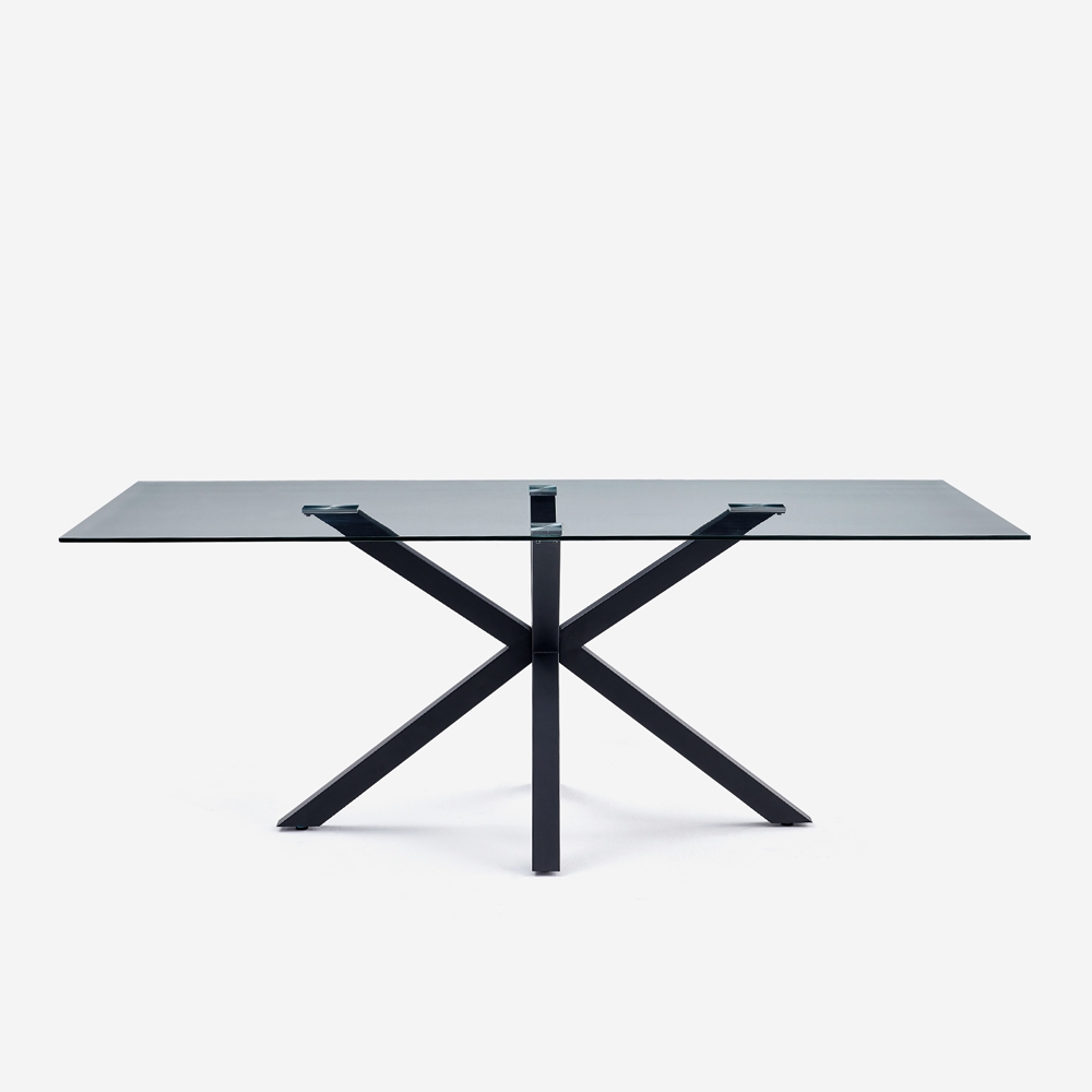 Moderne design tafel met zwarte gekruiste poten en glazen tafelblad 200x100 cm Laka Aanbieding Moderne design tafel met zwarte gekruiste poten en glazen tafelblad 200x100 cm Laka Aanbieding