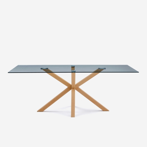 Design tafel van glas en hout 200x100 cm met gekruiste poten Horo Aanbieding