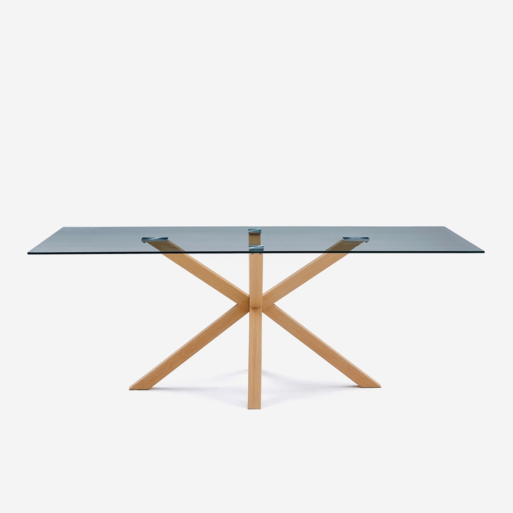 Design tafel van glas en hout 200x100 cm met gekruiste poten Horo Aanbieding Design tafel van glas en hout 200x100 cm met gekruiste poten Horo Aanbieding