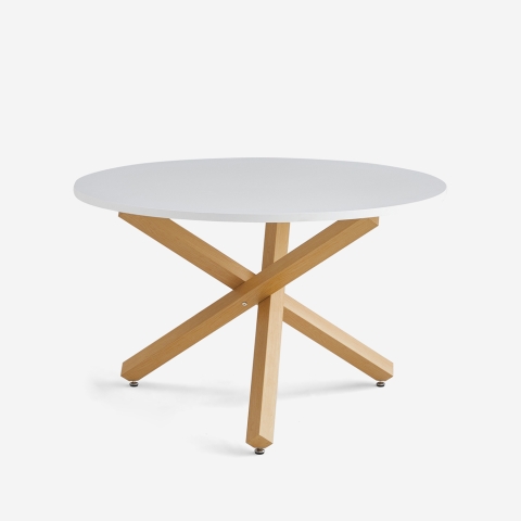 Witte ronde eettafel 120 cm met gekruiste houteffect poten Rimu Aanbieding