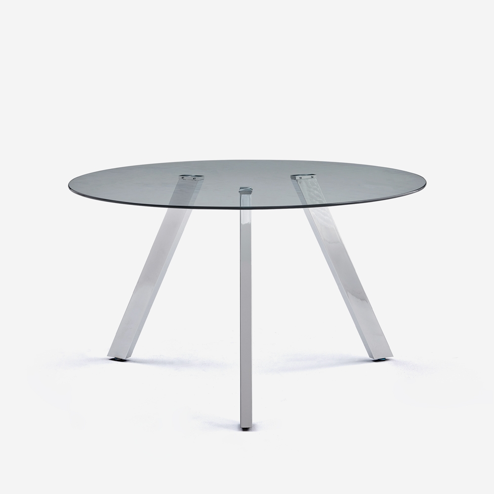 Moderne ronde designtafel van glas 130 cm met metalen poten Orun Aanbieding Moderne ronde designtafel van glas 130 cm met metalen poten Orun Aanbieding