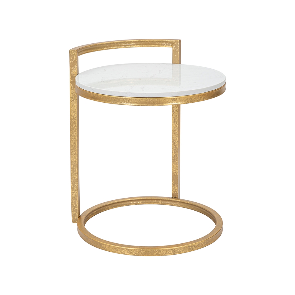 Ronde salontafel en bank in goudkleurig metaal met wit marmeren blad Round Aanbieding