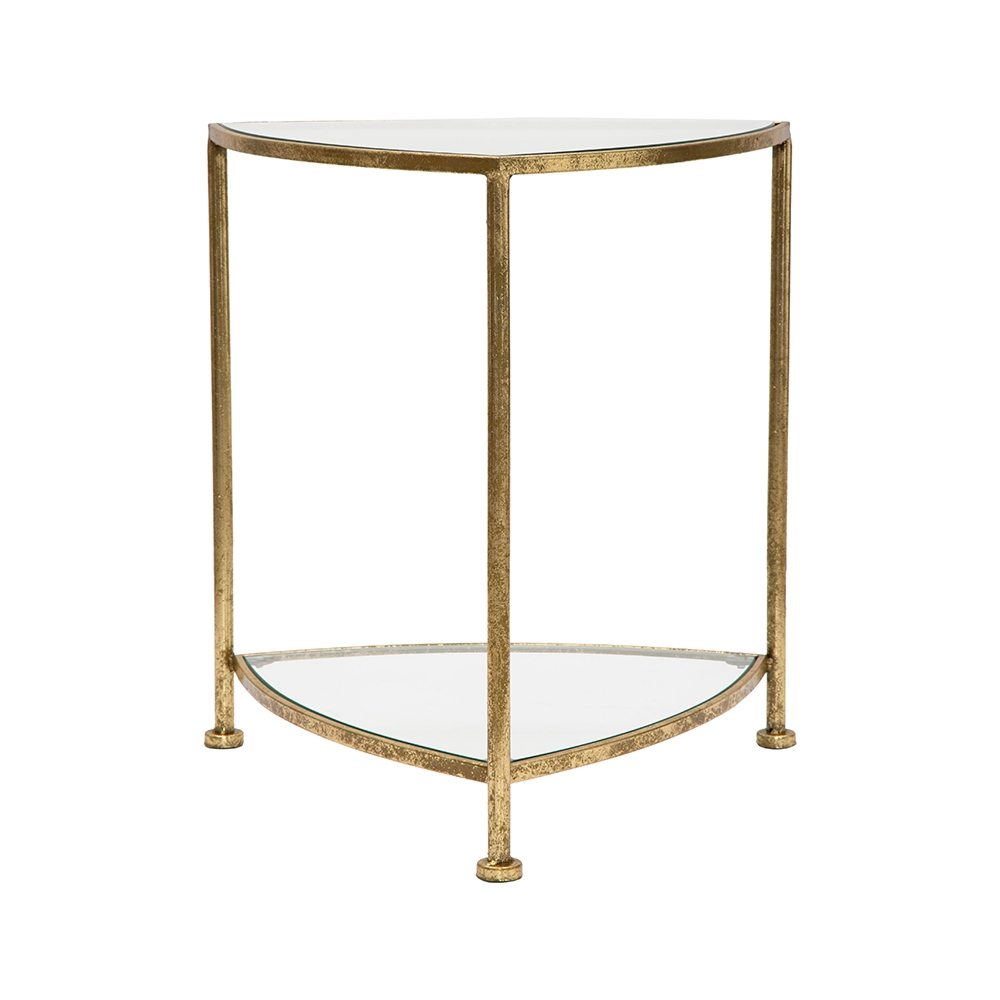 Driehoekig nachtkastje met 2 planken van goudkleurig metaal en glas Triangle S Aanbieding Driehoekig nachtkastje met 2 planken van goudkleurig metaal en glas Triangle S Aanbieding
