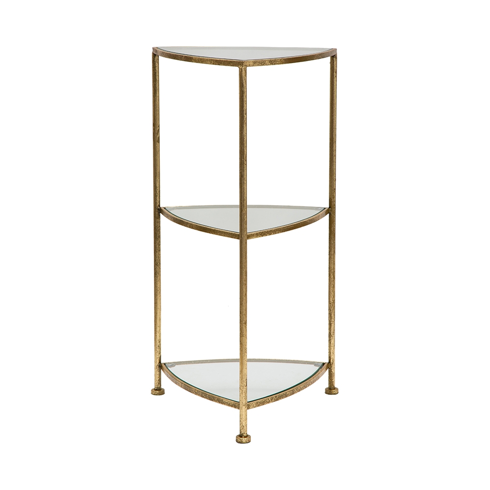 Hoektafel met 3 planken, goudkleurig metaal en glas Triangle M Aanbieding Hoektafel met 3 planken, goudkleurig metaal en glas Triangle M Aanbieding