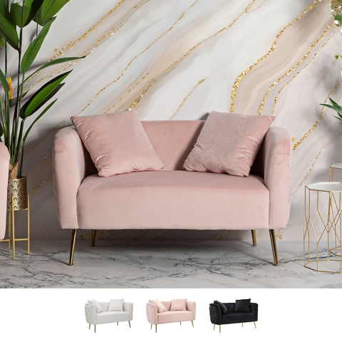 Glam 2-zitsbank in fluweel met gouden poten en twee kussens Bucarest-D Aanbieding