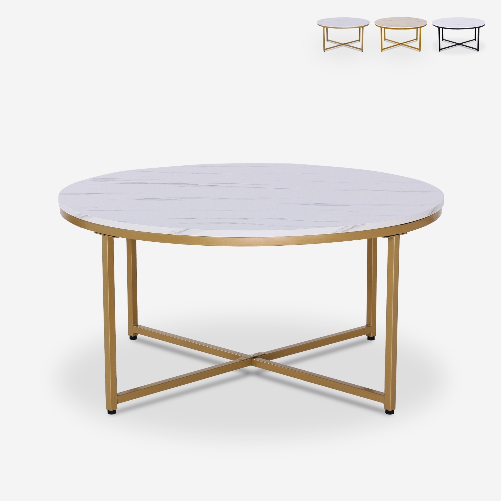 Moderne ronde salontafel van 90 cm metaal met marmereffect blad Sulley+ Aanbod