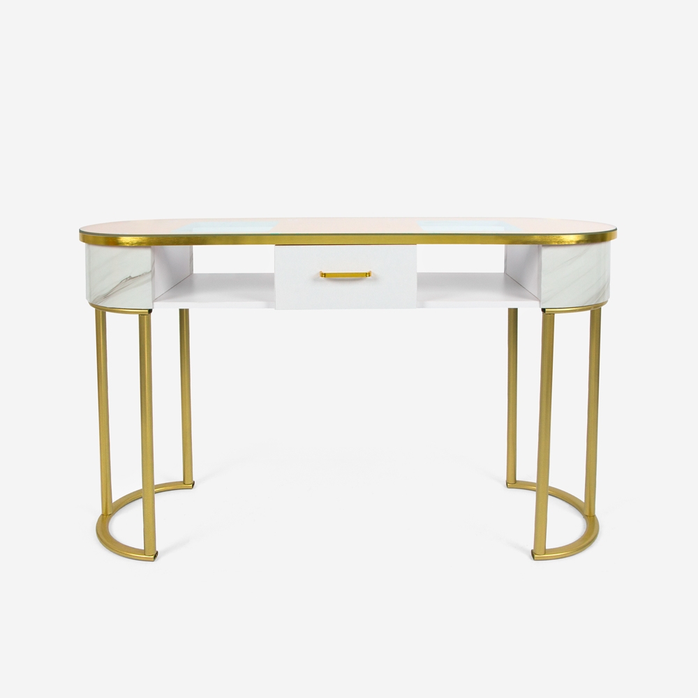 Tafel voor schoonheidsspecialisten van glas, goudkleurig metaal en marmereffect Jess Aanbieding Tafel voor schoonheidsspecialisten van glas, goudkleurig metaal en marmereffect Jess Aanbieding