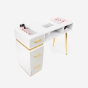 Witte manicuretafel met afzuiging, 3 lades en gouden poten Skait Korting