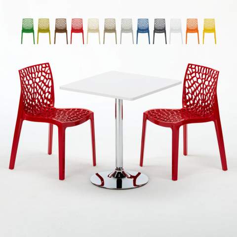 Vierkante salontafel Wit 70x70 cm met stalen onderstel en 2 gekleurde stoelen Gruvyer Cocktail Aanbieding