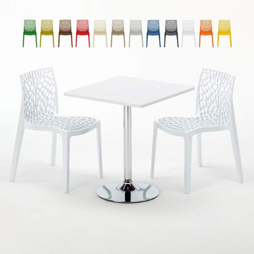 Vierkante salontafel Wit 70x70 cm met stalen onderstel en 2 gekleurde stoelen Gruvyer Cocktail Aanbod