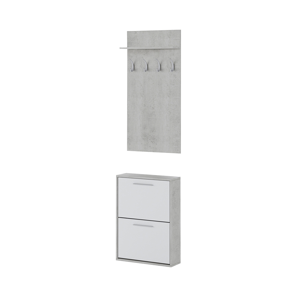 Hal meubel met schoenenkast, twee deuren en kapstok Plaka Cement Aanbieding Hal meubel met schoenenkast, twee deuren en kapstok Plaka Cement Aanbieding