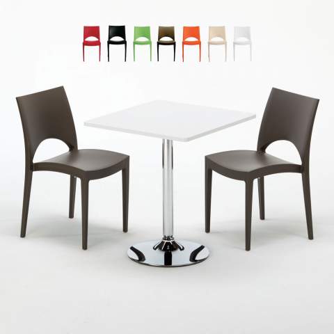 Vierkante salontafel Wit 70x70 cm met stalen onderstel en 2 gekleurde stoelen Paris Cocktail Aanbieding