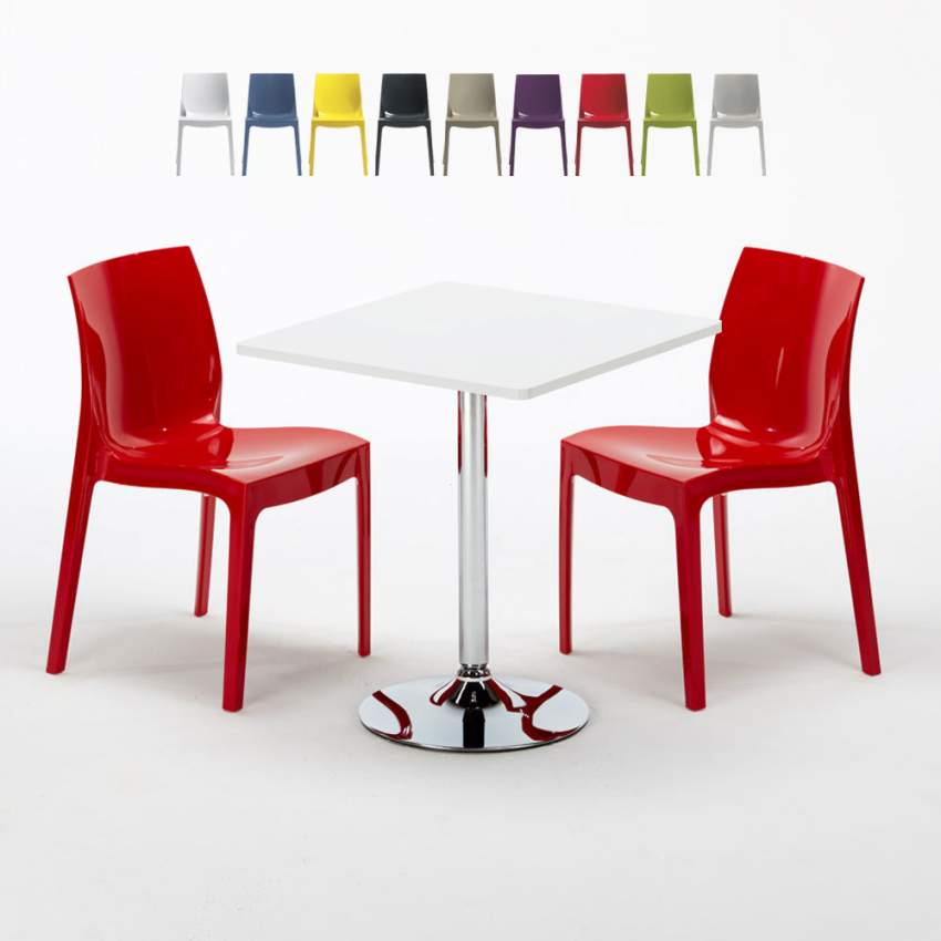 Vierkante salontafel wit 70x70 cm met stalen onderstel en 2 gekleurde stoelen Ice Cocktail Voorraad Vierkante salontafel wit 70x70 cm met stalen onderstel en 2 gekleurde stoelen Ice Cocktail Voorraad