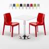 Vierkante salontafel wit 70x70 cm met stalen onderstel en 2 gekleurde stoelen Ice Cocktail Voorraad