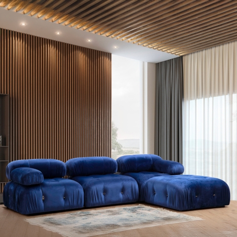 Blauwe modulaire 4-zits bank met voetensteun in fluweel Bubble 3SPV Aanbieding