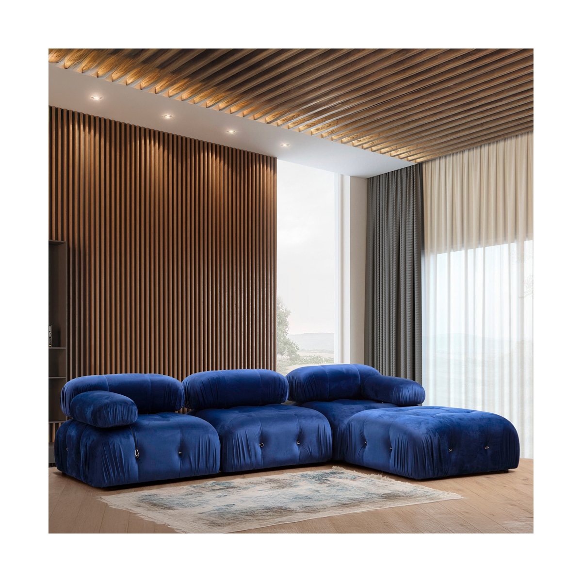 Blauwe modulaire 4-zits bank met voetensteun in fluweel Bubble 3SPV Aanbieding