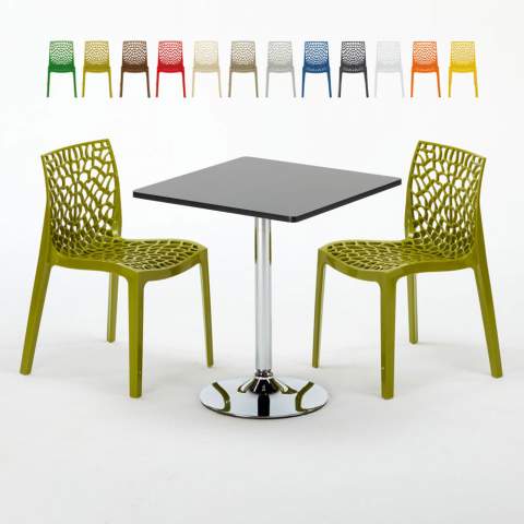 Vierkante salontafel zwart 70x70 cm met stalen onderstel en 2 gekleurde stoelen Gruvyer Mojito
