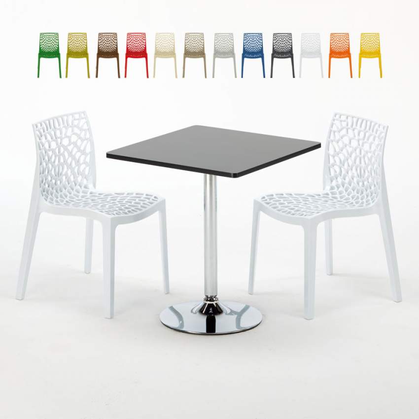 Vierkante salontafel zwart 70x70 cm met stalen onderstel en 2 gekleurde stoelen Gruvyer Mojito Aanbod
