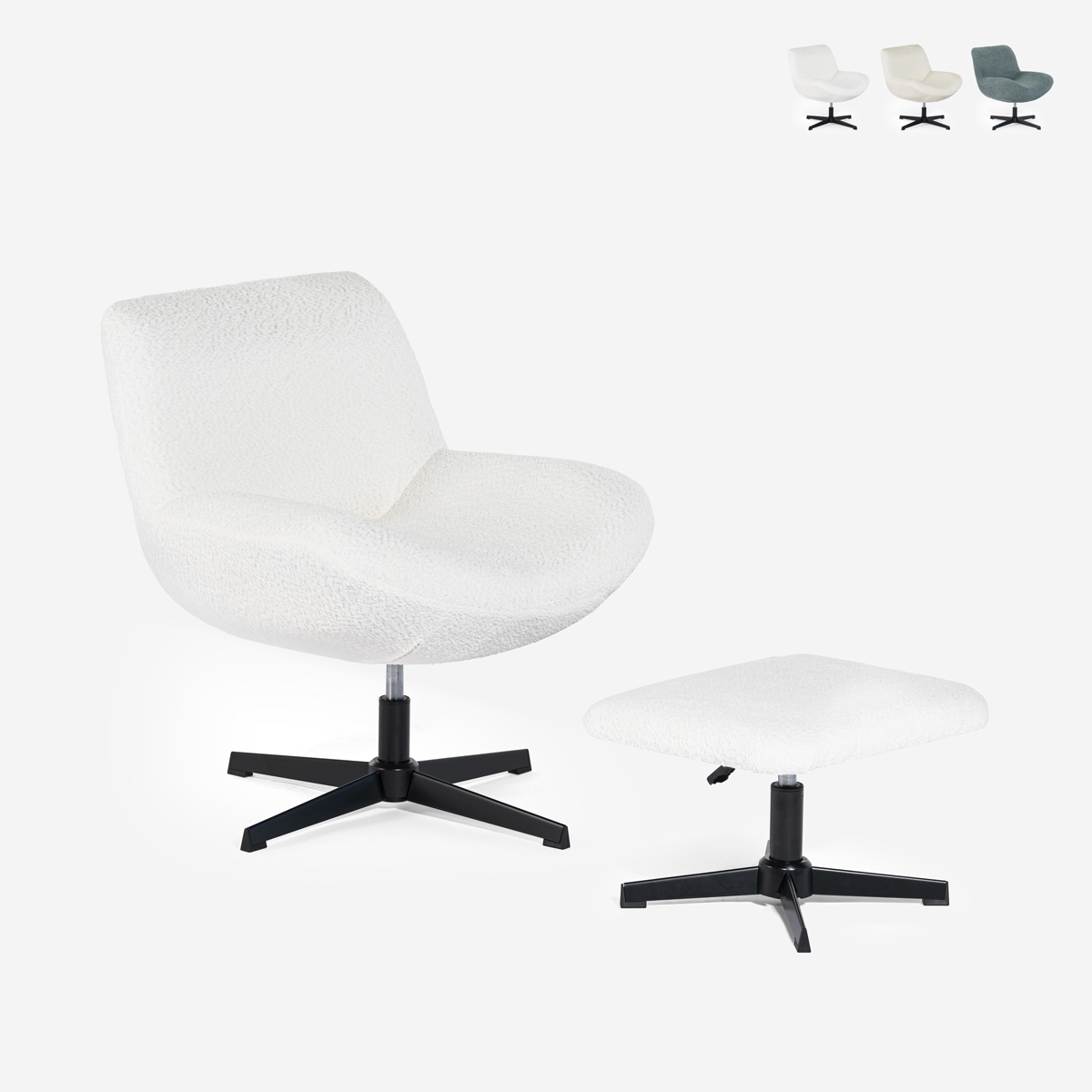 Ergonomische draaibare fauteuil van bouclé met voetenbank Janes Afmetingen Ergonomische draaibare fauteuil van bouclé met voetenbank Janes Afmetingen