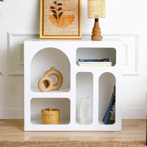 Witte design boekenkast met gebogen vakken 80x37x74cm Lessa Aanbieding