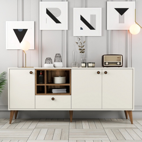 Witte en houten dressoir voor woonkamer 180x35cm met deuren Napoli Aanbieding