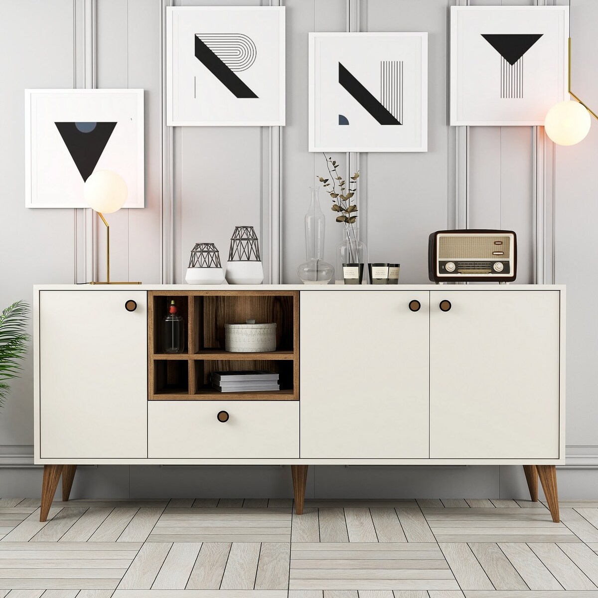 Witte en houten dressoir voor woonkamer 180x35cm met deuren Napoli Aanbieding Witte en houten dressoir voor woonkamer 180x35cm met deuren Napoli Aanbieding