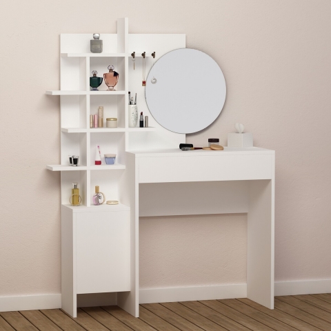 Witte make-up tafel met ronde spiegel en planken Mup Aanbieding