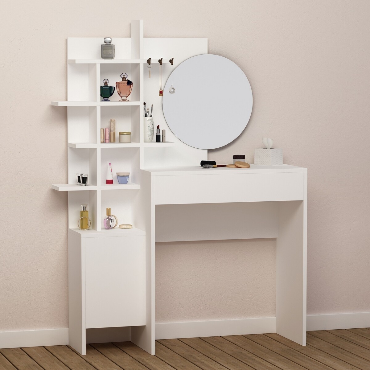 Witte make-up tafel met ronde spiegel en planken Mup Aanbieding Witte make-up tafel met ronde spiegel en planken Mup Aanbieding