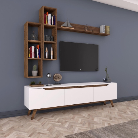 Wandmeubel TV met planken en open vakken wit en naturel Sirio Aanbieding
