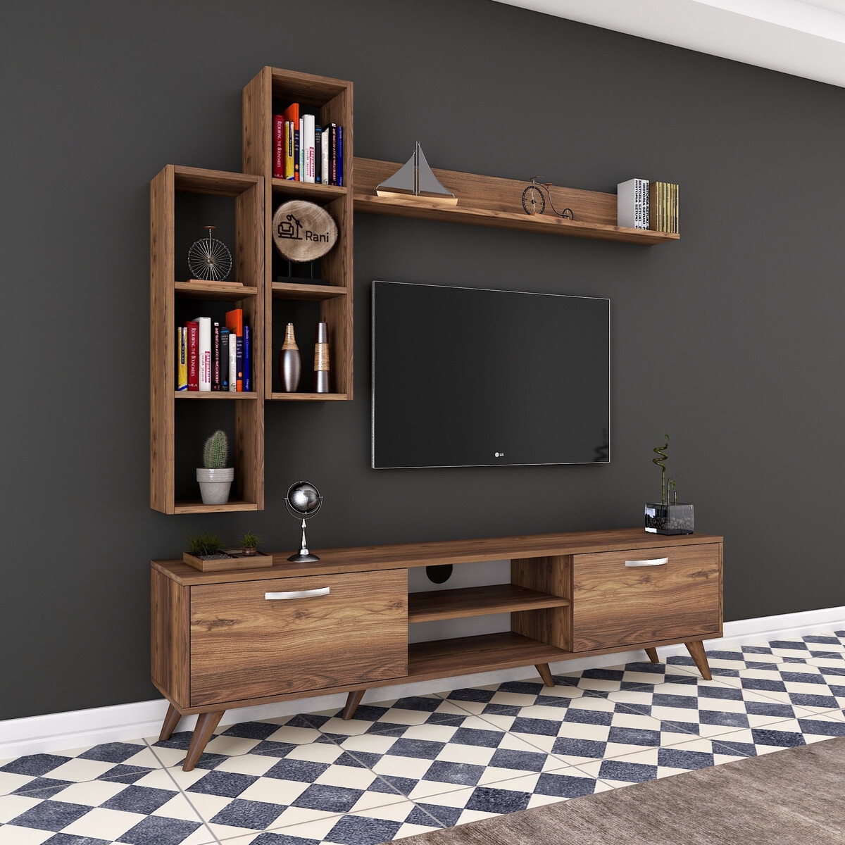 TV-meubelwand met plank en open vakken 180x35cm Mary Aanbieding TV-meubelwand met plank en open vakken 180x35cm Mary Aanbieding